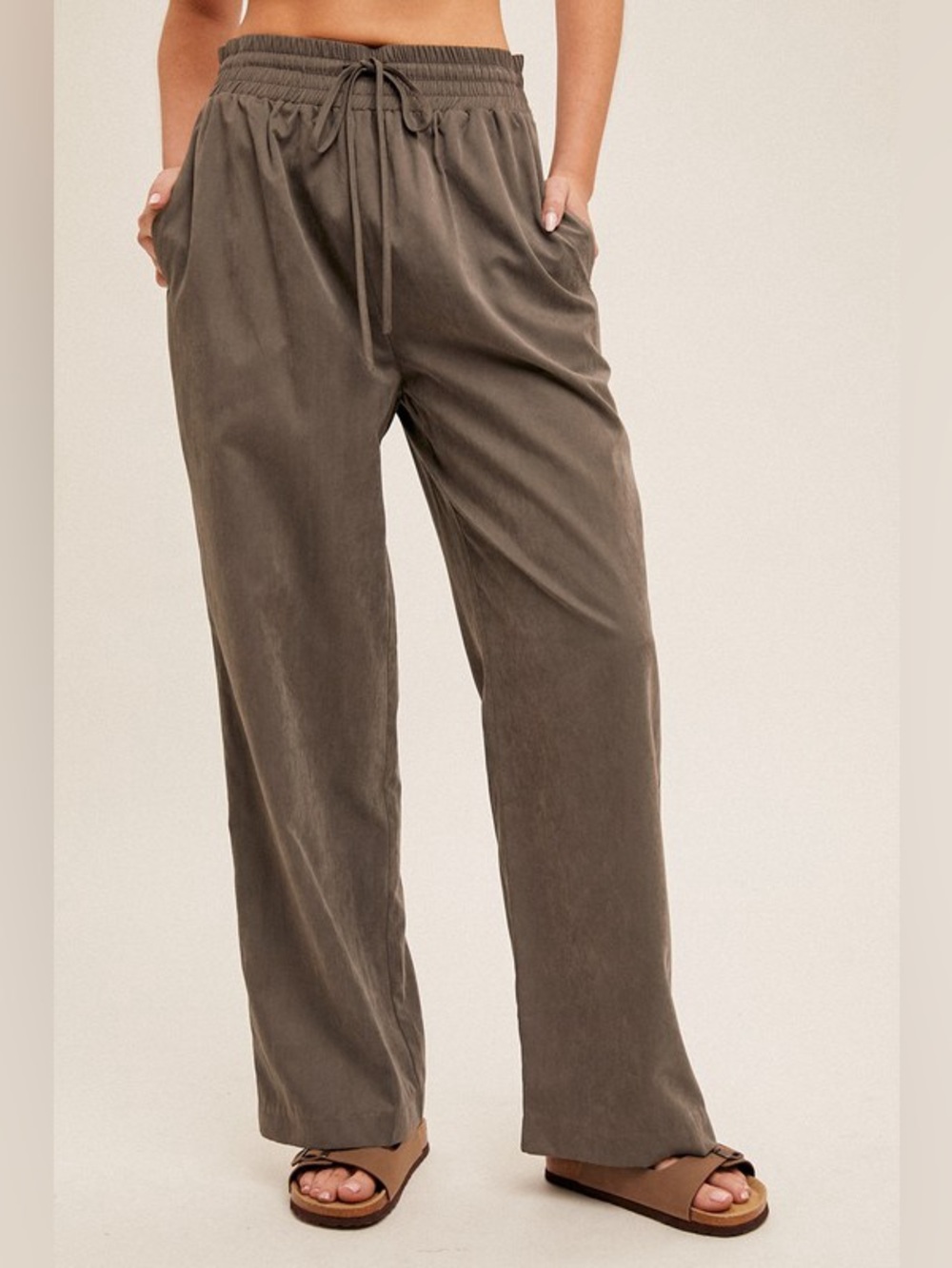 ☀️SALE☀️DRAWSTRING DETAIL WIDE LEG PANTS WITH POCKETS|CHARCOAL